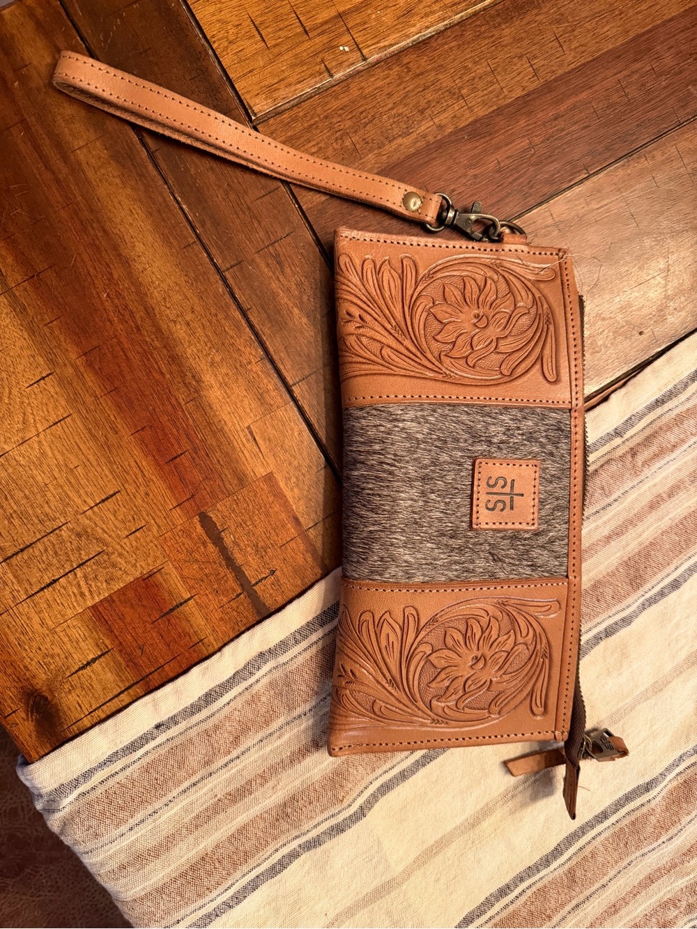 STS Ranchwear Tan Leather Tooled Wristlet with Hair-On Hide Accent